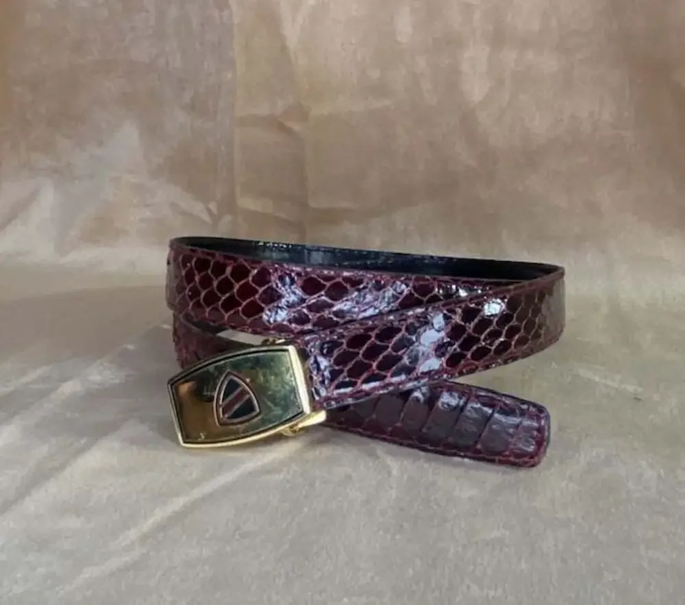 Made in Italy Maroon Snakeskin Leather Belt with Gold Tone Buckle: 32 inches